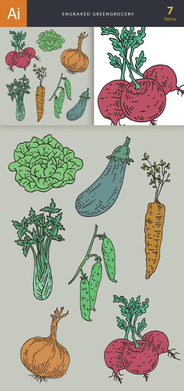 Engraved Green Grocery Vector Set 1 33