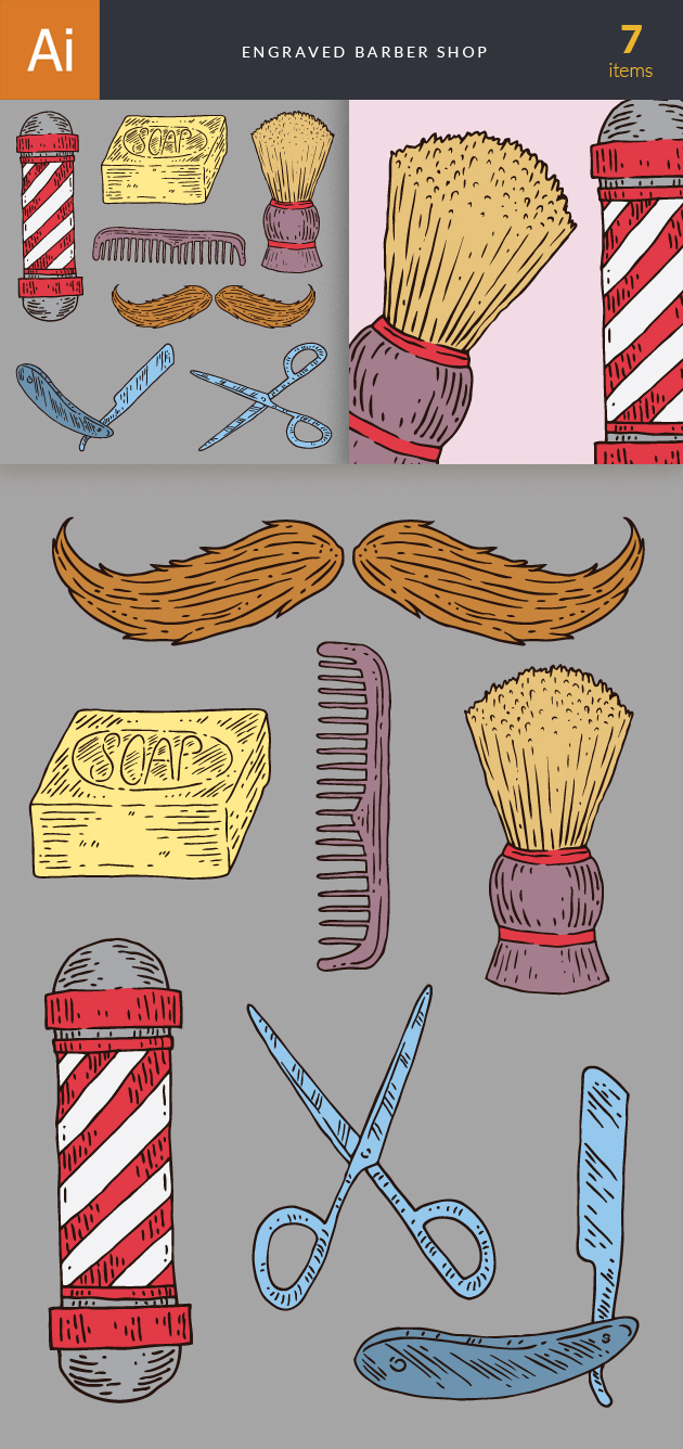 Engraved Barber Shop Vector Set 1 23