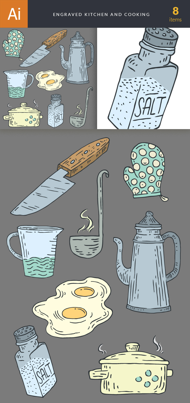 Engraved Kitchen And Cooking Vector Set 1 21
