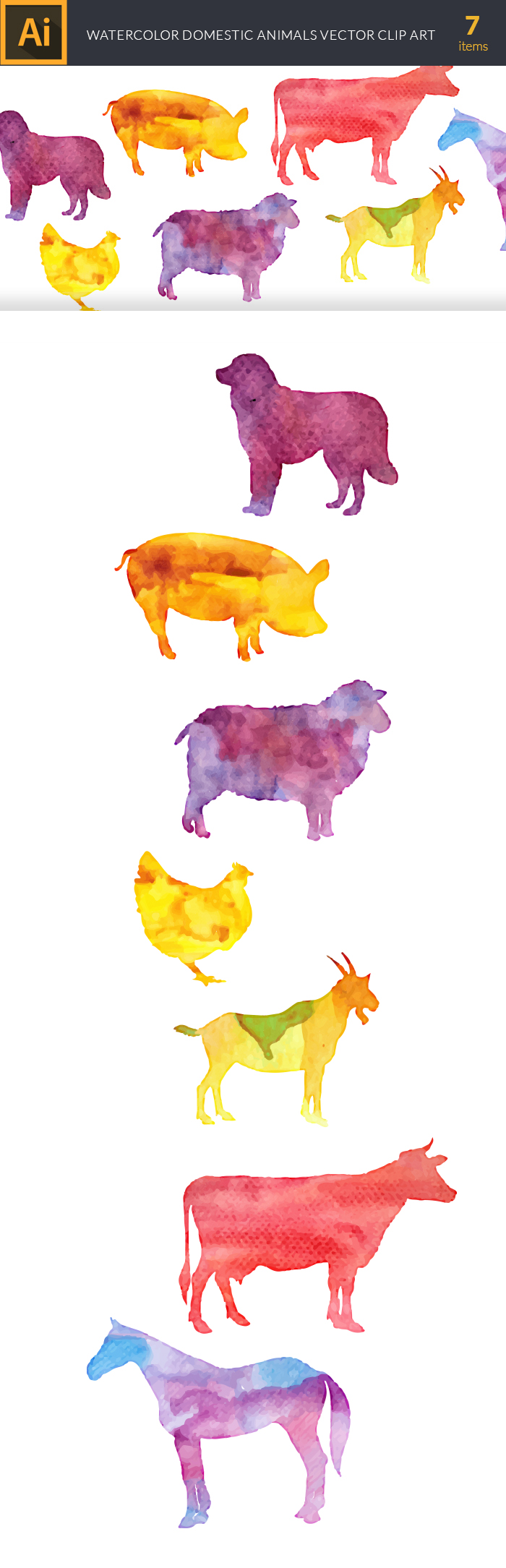 Watercolor Domestic Animals Vector Set - Designious