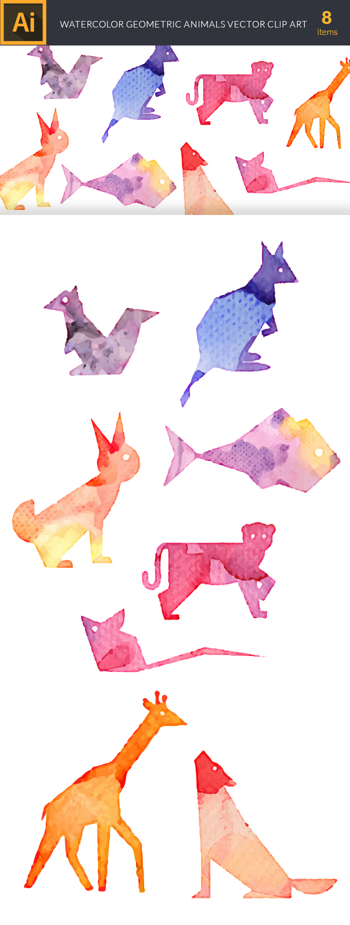 Watercolor Geometric Animals Vector Set - Designious