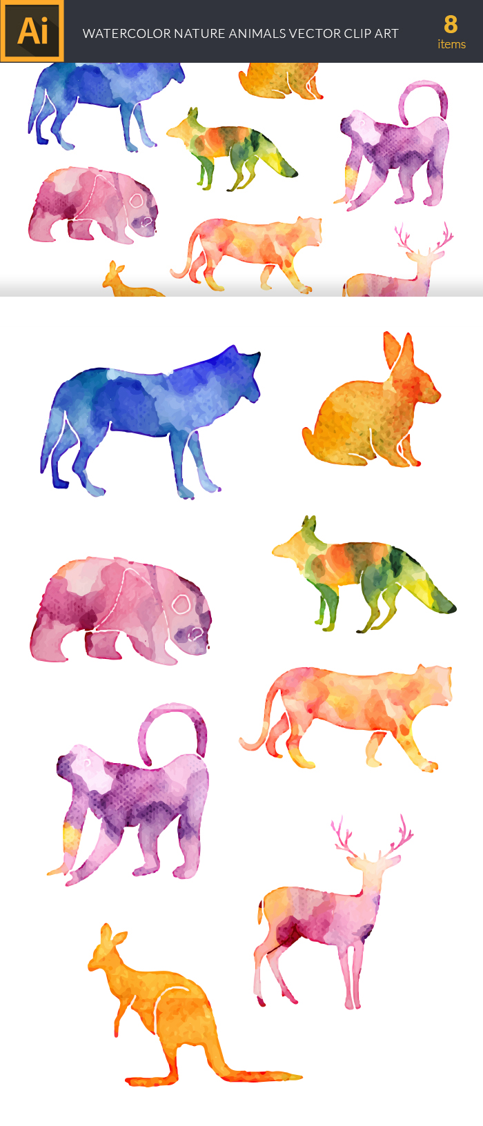 Watercolor Nature Animals Vector Set - Designious